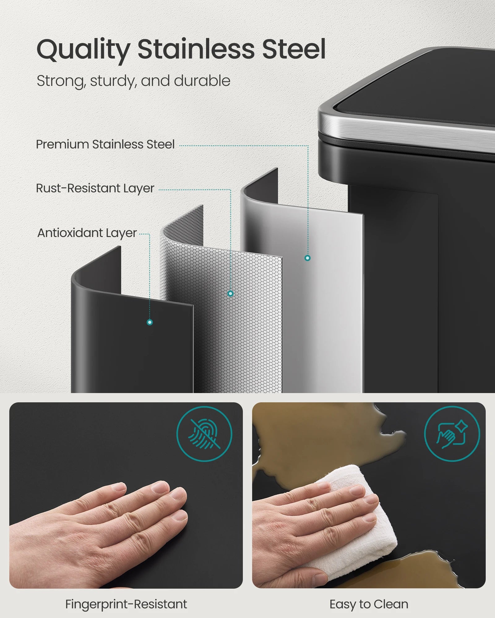 SONGMICS Kitchen Bin 50 L, with 15 Bin Bags, Stainless Steel, Removable Plastic Inner Bucket, with Lid, Handles