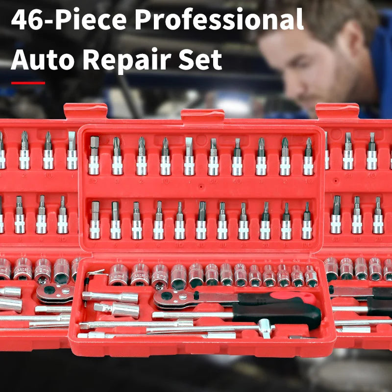 46-Piece Tool Set - General Home Use Craft Toolbox, Motorcycle Car Repair Tool Set, with Plastic Tool Box Storage Box