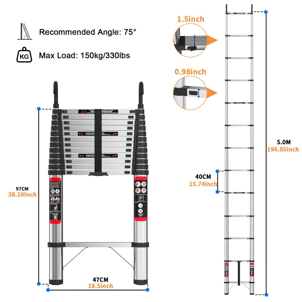 5m Telescopic Ladder Stainless Steel Convenient Extendable ,For Pulling Walls, Changing Light Bulbs,Repairing Roofs,RV