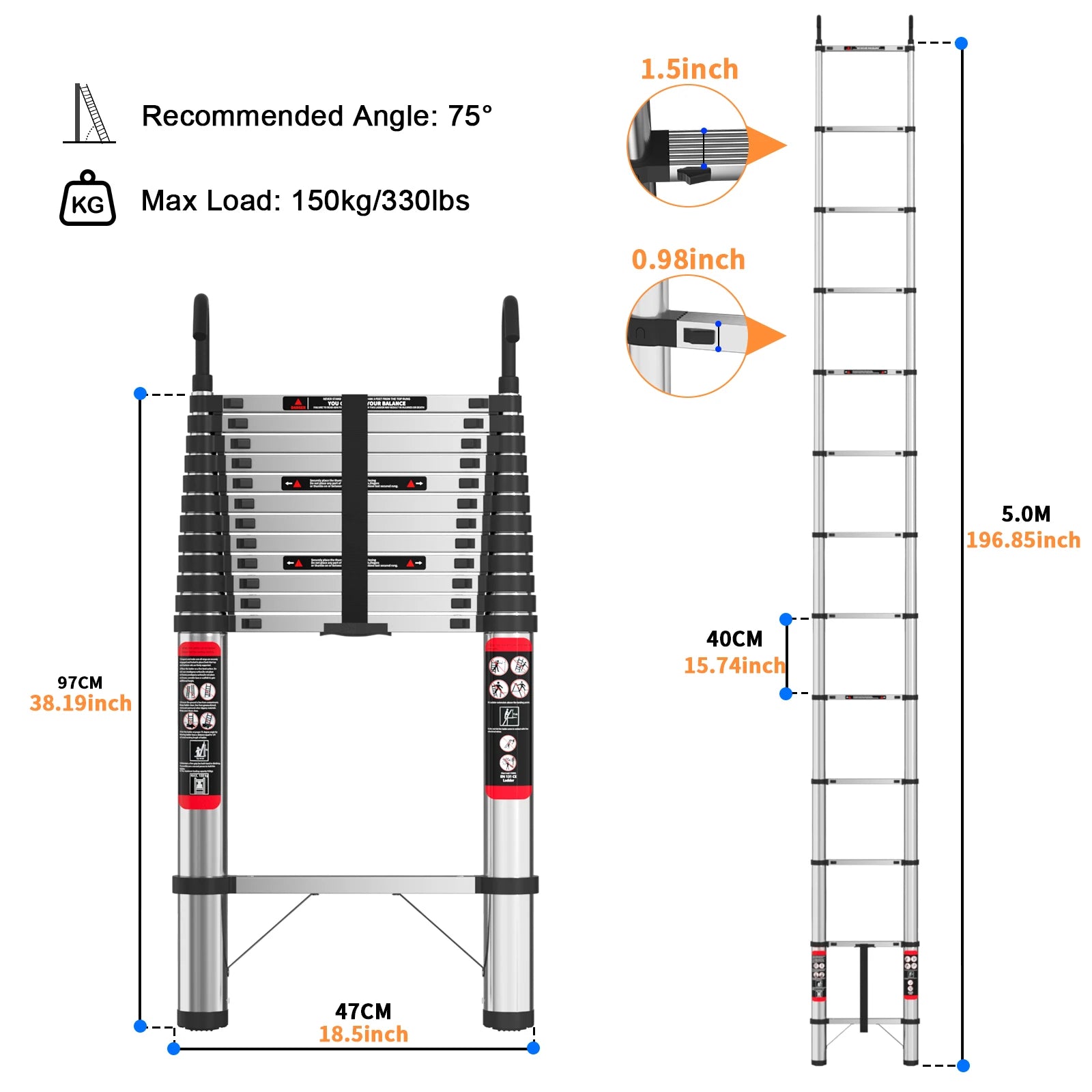 5m Telescopic Ladder Stainless Steel Convenient Extendable ,For Pulling Walls, Changing Light Bulbs,Repairing Roofs,RV