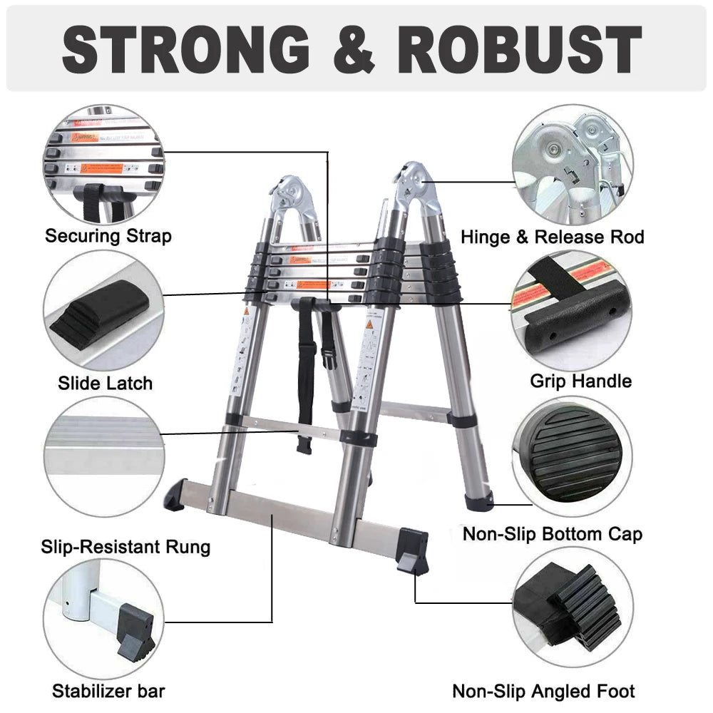 3.8m/ 5m Folding Telescopic Ladder A-Frame, Alloy Aluminum/ Stainless Steel, Non-Slip, Stable, 150KG  LoadCapacity, EN131