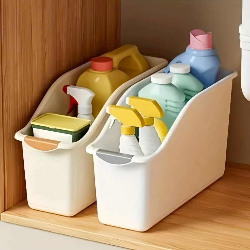 2-Pack Curved Storage Boxes: Heavy-Duty Organizer for Under Sink, Pantry & Cabinet. Save Space, No Assembly.