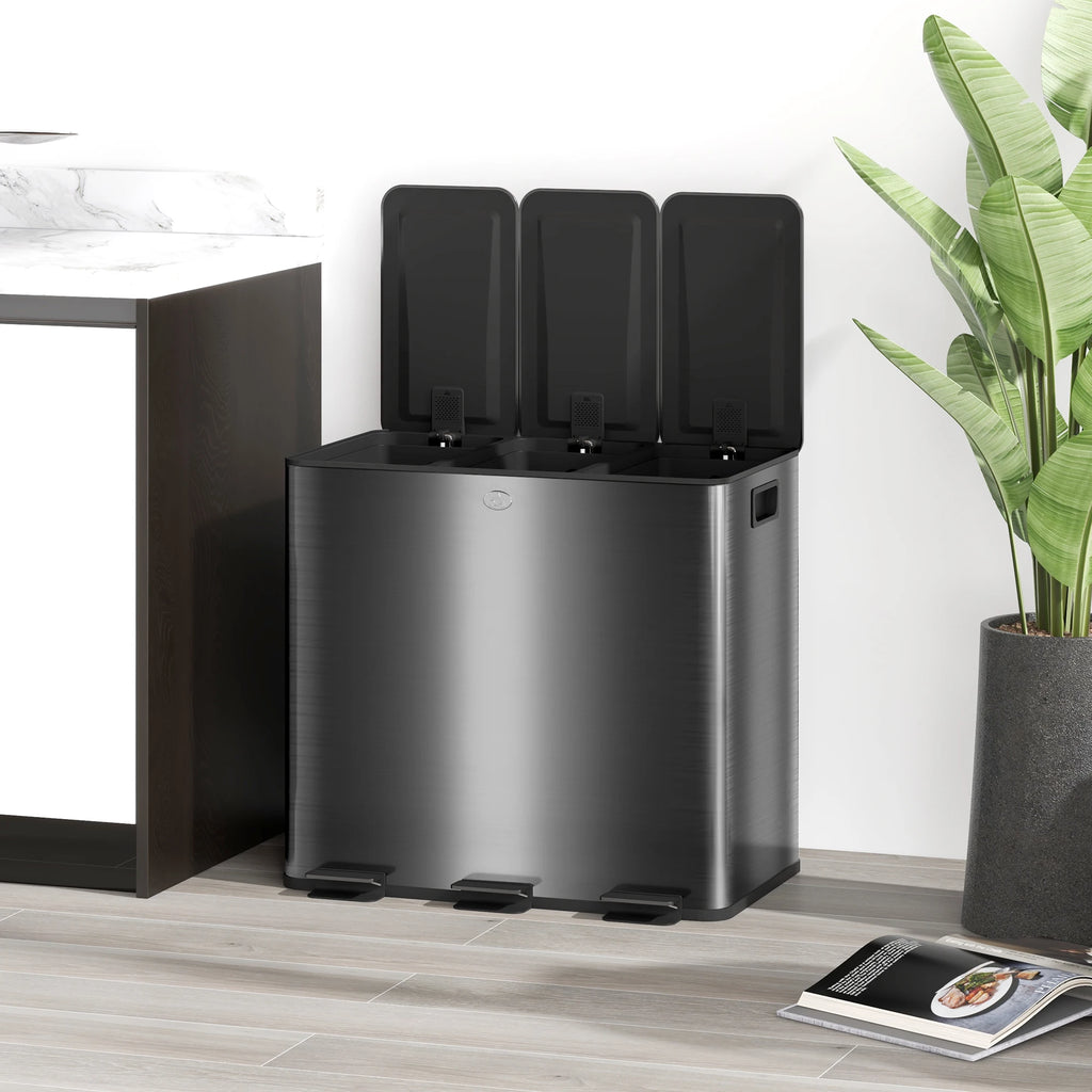 HOMCOM 3 x 15L Triple Kitchen Bin Pedal Bin for Recycling and Waste Black