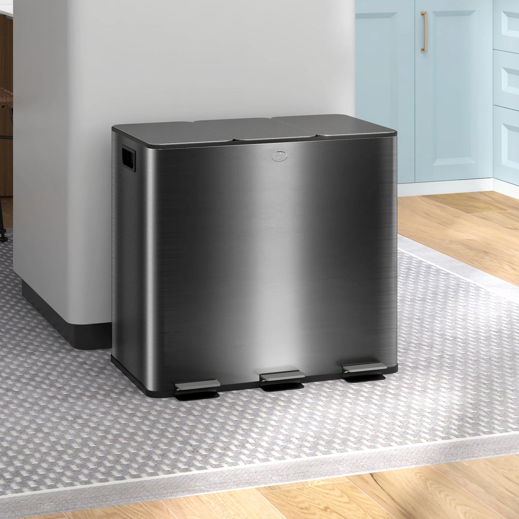HOMCOM 3 x 15L Triple Kitchen Bin Pedal Bin for Recycling and Waste Black