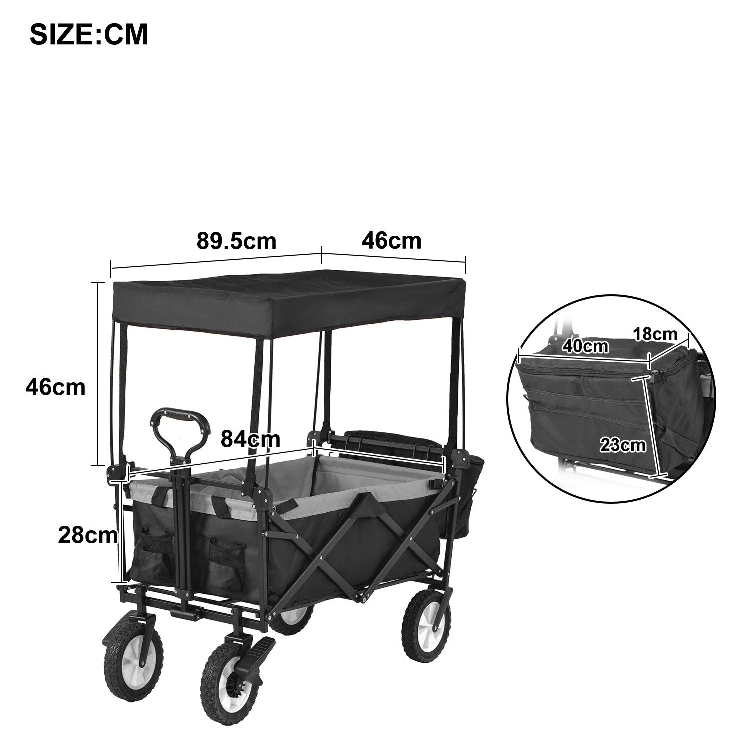 PINGGO Garden Cart with Romovable Canopy Foldable Trolley Wagon 4 Wheels Front Cup Holder Cooler Bag Push Pull Handle Hand Truck