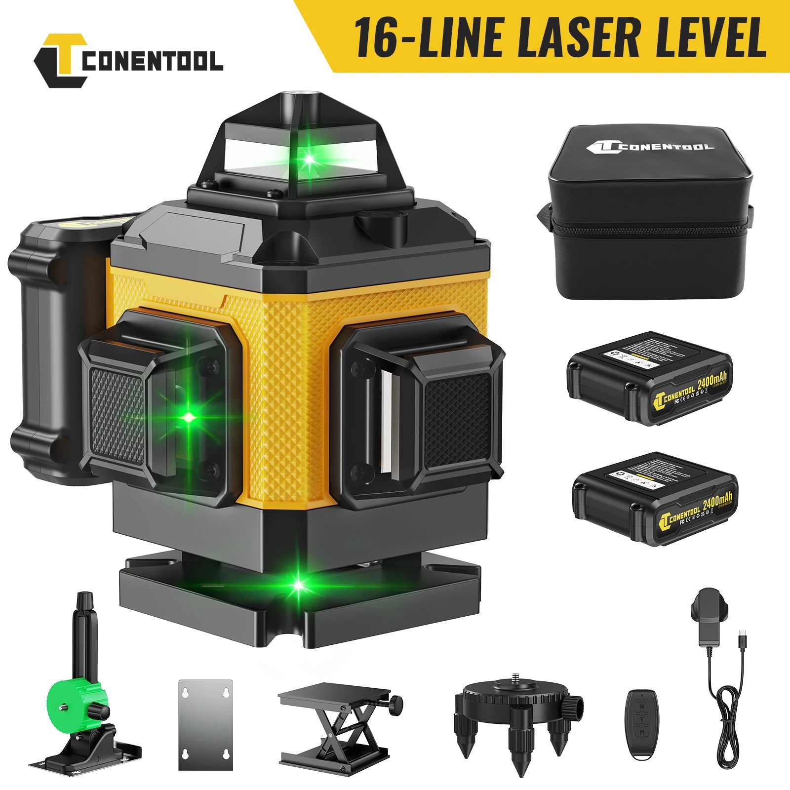 CONENTOOL Laser Level with Tripod, Multifunctional 4D 16 Cross Lines, 360° Rotation Window Self-Leveling, 2 Batteries & Charger