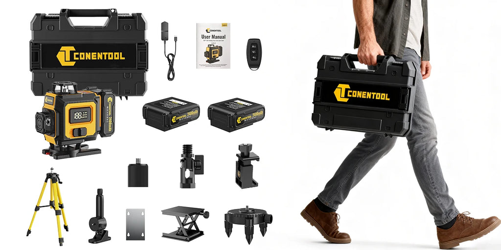 CONENTOOL Laser Level with Tripod, Multifunctional 4D 16 Cross Lines, 360° Rotation Window Self-Leveling, 2 Batteries & Charger