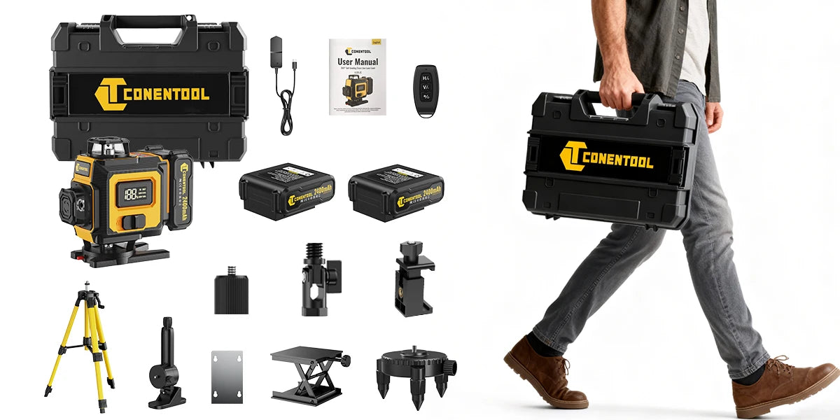 CONENTOOL Laser Level with Tripod, Multifunctional 4D 16 Cross Lines, 360° Rotation Window Self-Leveling, 2 Batteries & Charger