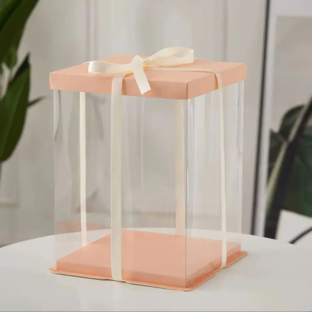 Clear Plastic Cake Gift Box with Ribbon 10 Inch/12Inch, Pink / White