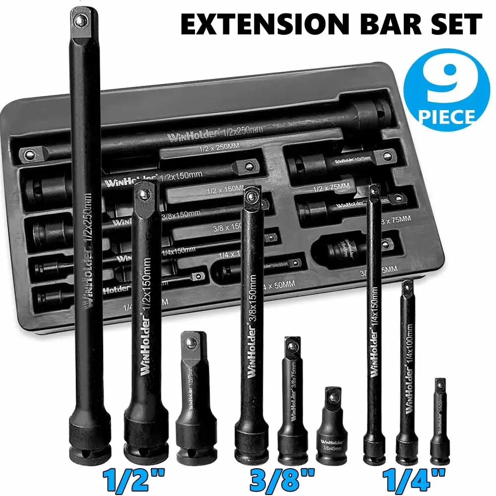 9Pcs/Set Impact Extension Bars 1/2" 3/8" 1/4" Drive Long Reach Extension Bar Set For Impact Sockets Ratchets Repair Tools Black