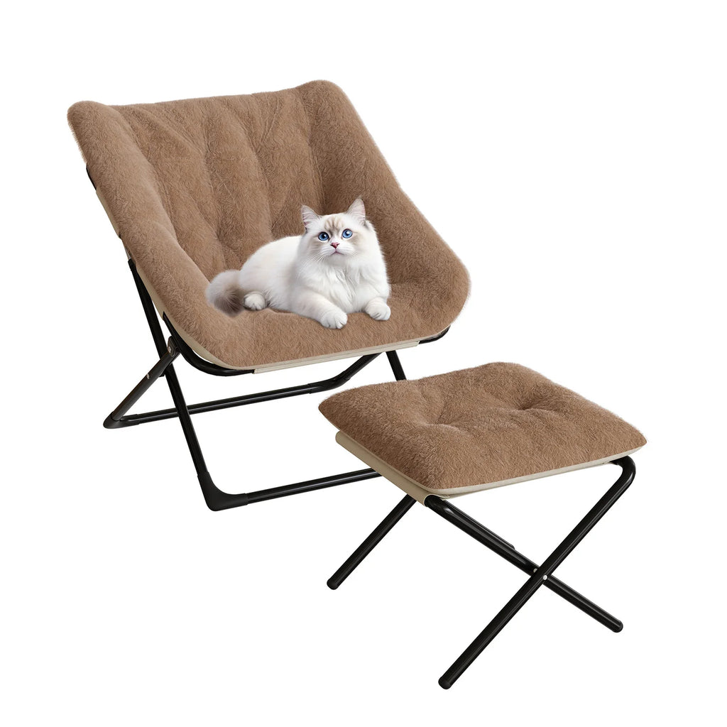 Oversized Folding Saucer Chair with Foot Stool for Adults Soft Faux Leather Metal Frame Lounge Armchair for Bedroom Living Room