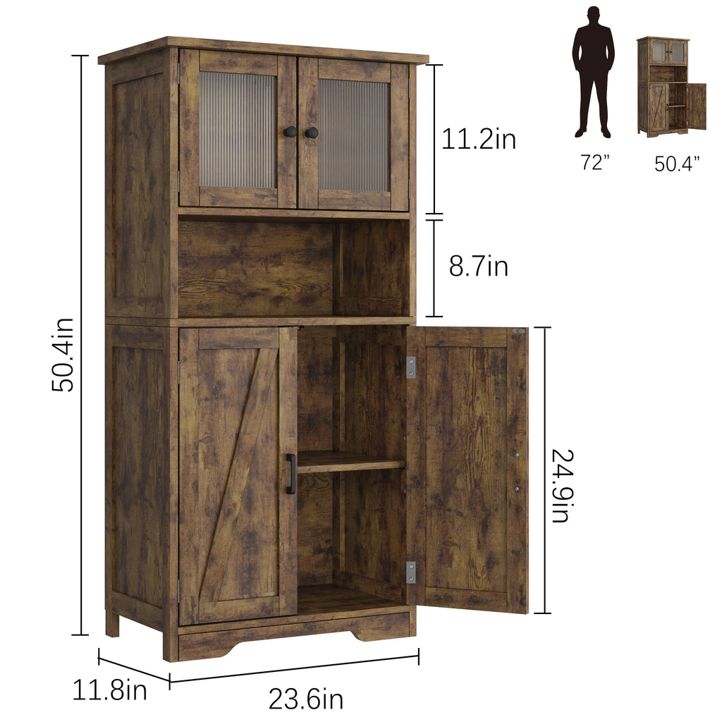 54in Tall Freestanding Kitchen Pantry Cabinet with Glass Doors and Adjustable Shelves Cupboard, Floor Cabinet for Living Room