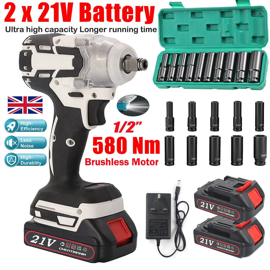 1000Nm 21V Cordless Electric Impact Wrench Drill Gun Ratchet Driver + 2 Battery