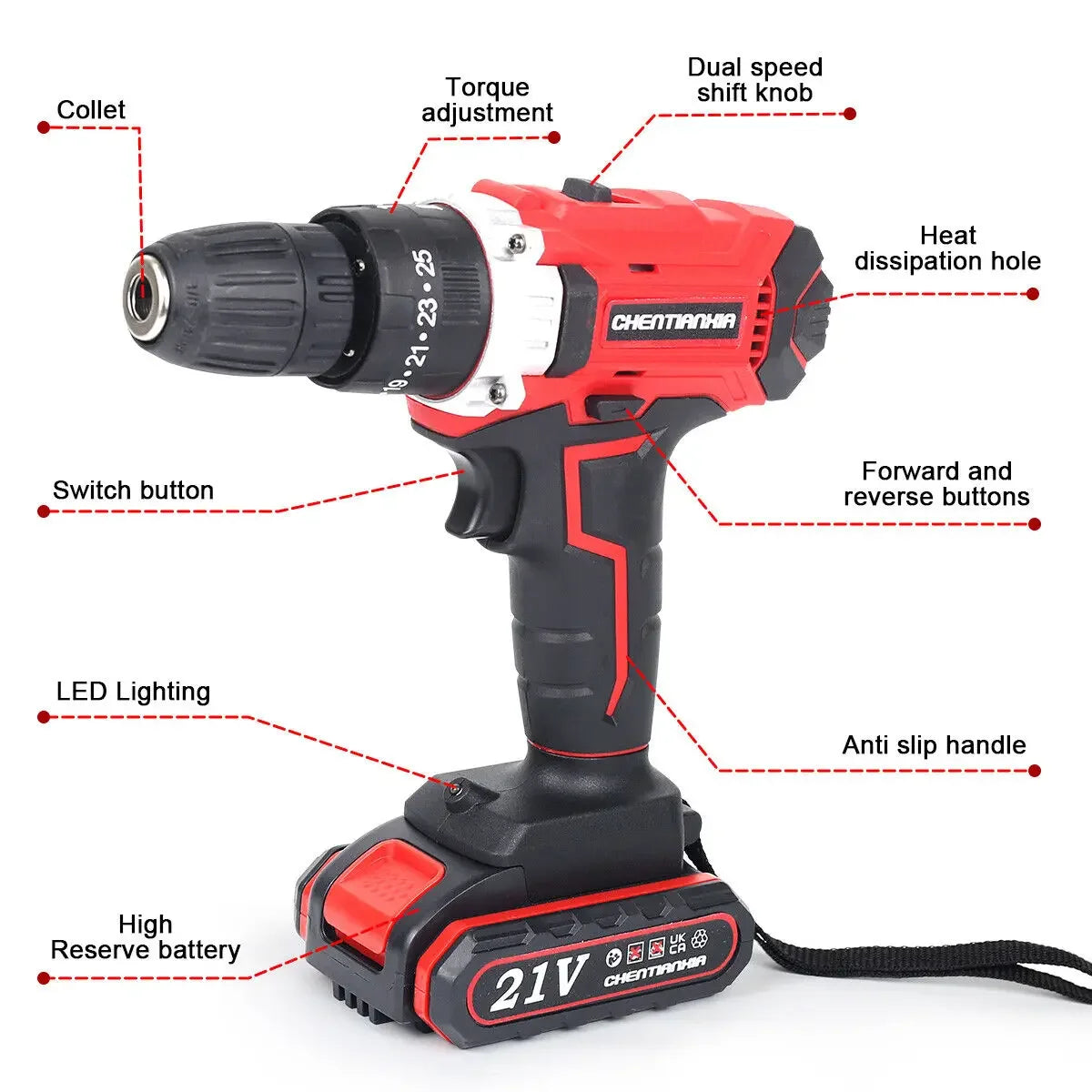 21V Cordless Combi Hammer Impact Drill Driver Electric Screwdriver 2 Battery Set Cordless Hand Drill