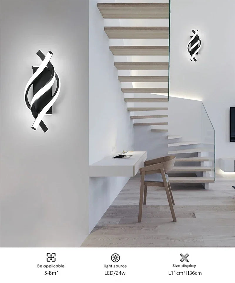 Curved Spiral Design LED Wall Lamp for Bedroom Bedside Corridor Living Room Staircase Corridor Lighting Fixture Home Decor Light