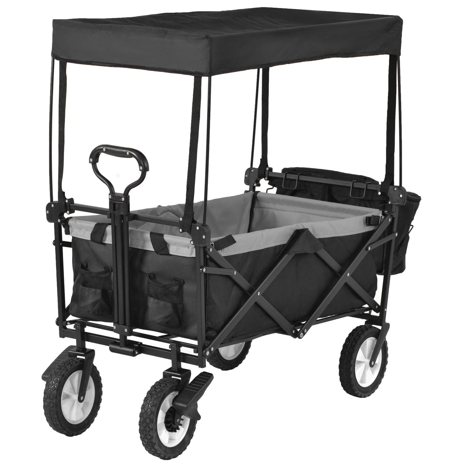 PINGGO Garden Cart with Romovable Canopy Foldable Trolley Wagon 4 Wheels Front Cup Holder Cooler Bag Push Pull Handle Hand Truck