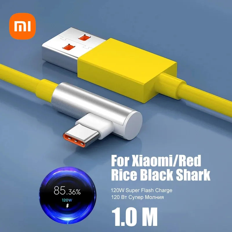 Original Xiaomi 120W 6A USB Super Fast Charger For Mi 12 11 POCO X5 X4 Pro Redmi Note 8 9 10 11 90 Degree Type C Charging Cable