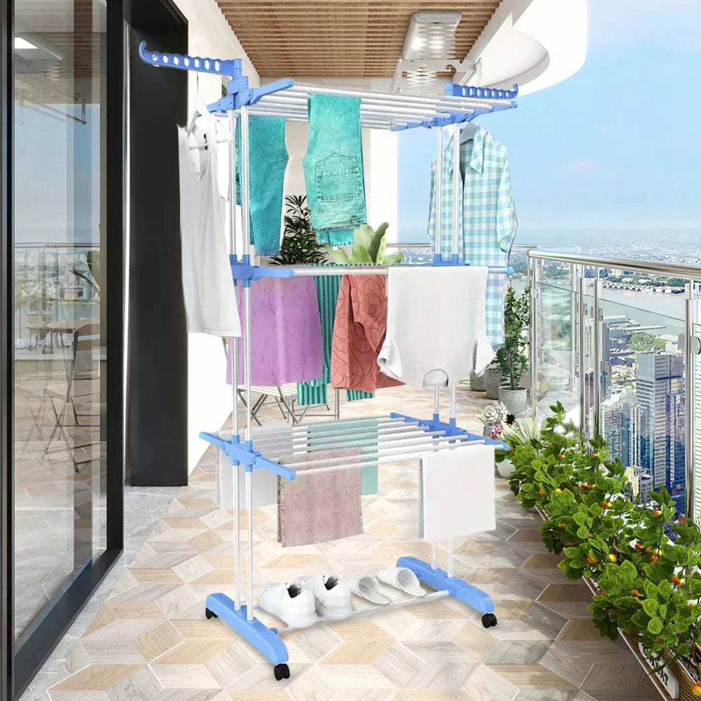 4-Tier Foldable Drying Rack Clothes Drying Rack with 4 Castors Rolling Clothes Horses Dryer Rack for Towels Clothes Shoes Linen