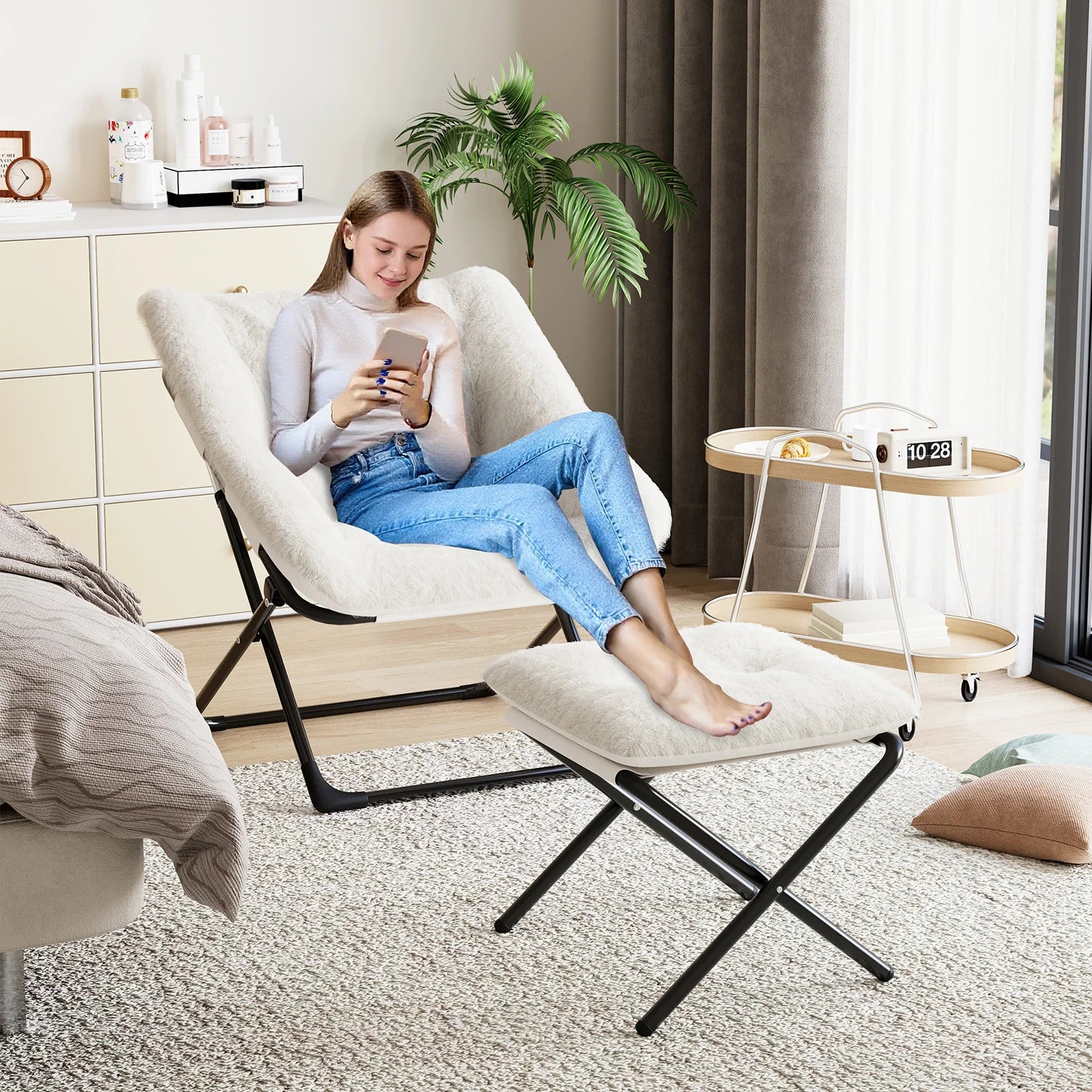 Oversized Folding Saucer Chair with Foot Stool for Adults Soft Faux Leather Metal Frame Lounge Armchair for Bedroom Living Room