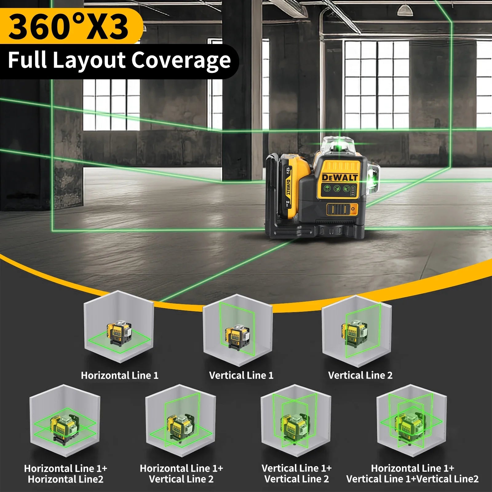2026 DEWALT DW089LG Lithium Battery Green Laser Level | 12 Lines 3 Sides 360° Horizontal Vertical | Outdoor Leveling Measurin