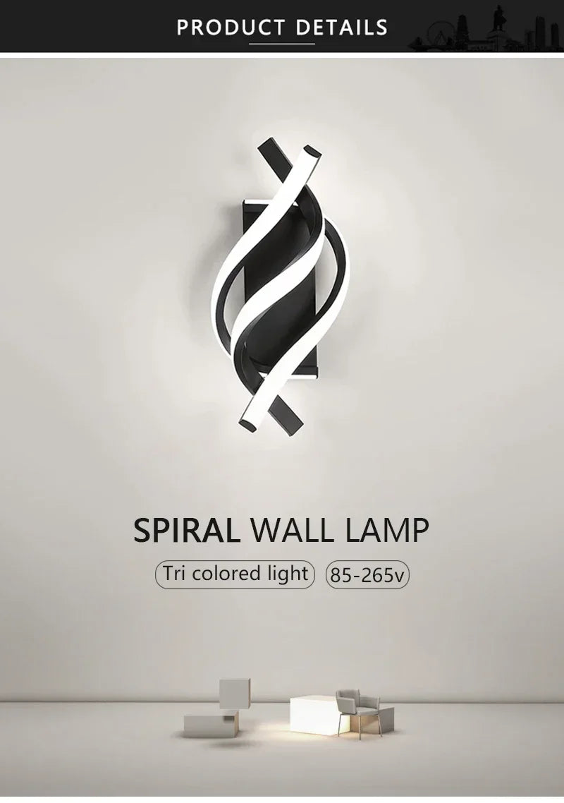 Curved Spiral Design LED Wall Lamp for Bedroom Bedside Corridor Living Room Staircase Corridor Lighting Fixture Home Decor Light
