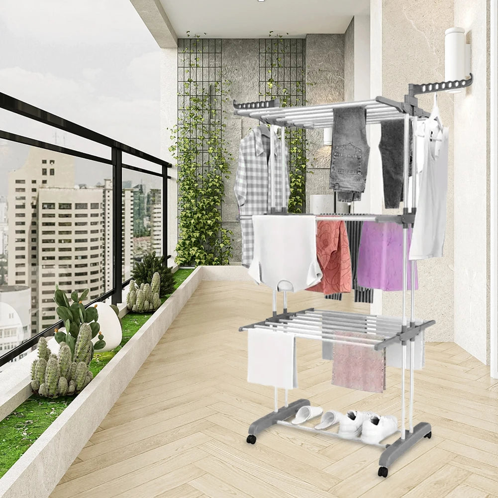 4-Tier Movable Clothes Drying Rack Foldable with 4 Castors Free Standing Rolling Laundry Rack for Towels Clothes Indoor Outdoor