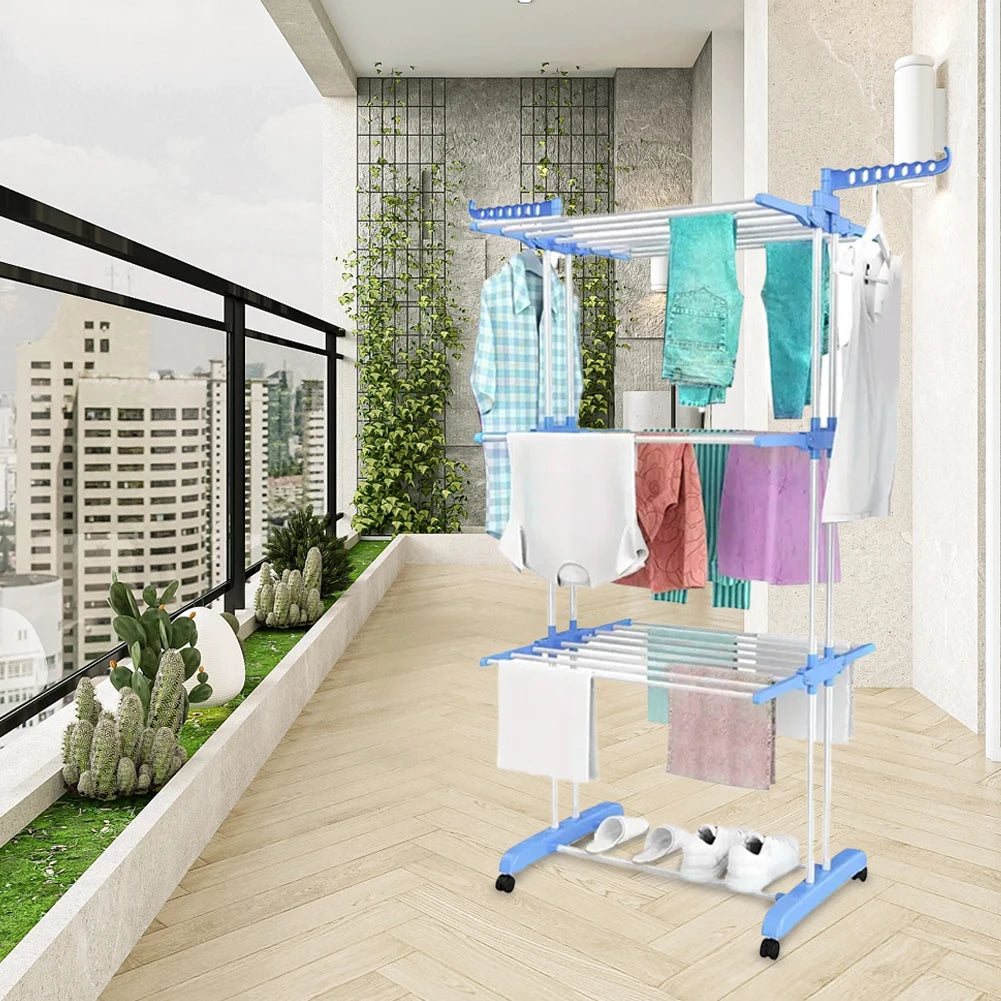 4-Tier Foldable Drying Rack Clothes Drying Rack with 4 Castors Rolling Clothes Horses Dryer Rack for Towels Clothes Shoes Linen