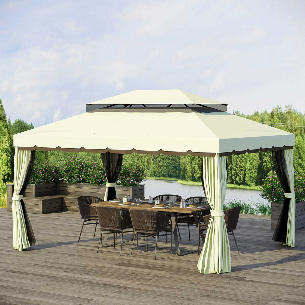 Aluminum Garden Gazebo,Double Roof Outdoor Gazebo Canopy Shelter with Netting&Curtains for Garden,Lawn,Backyard and Deck,Cream