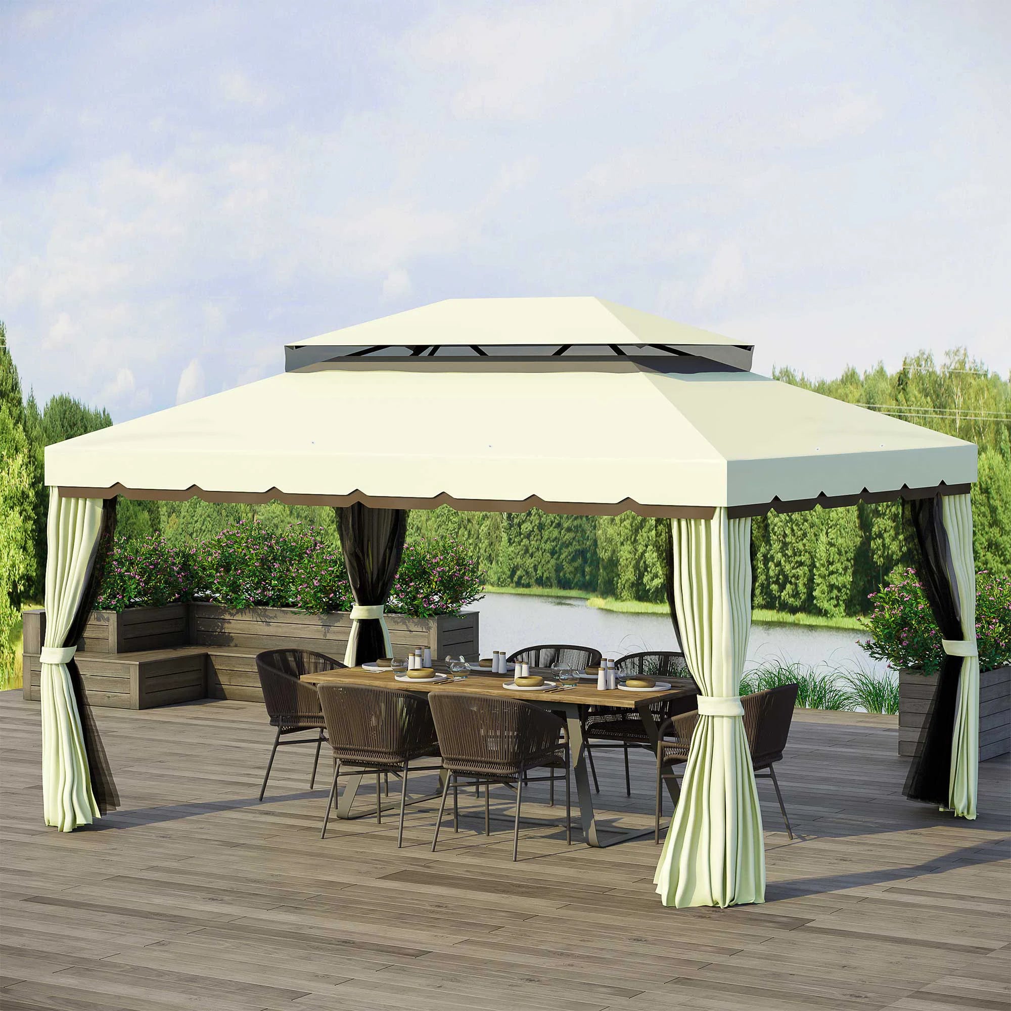 Aluminum Garden Gazebo,Double Roof Outdoor Gazebo Canopy Shelter with Netting&Curtains for Garden,Lawn,Backyard and Deck,Cream