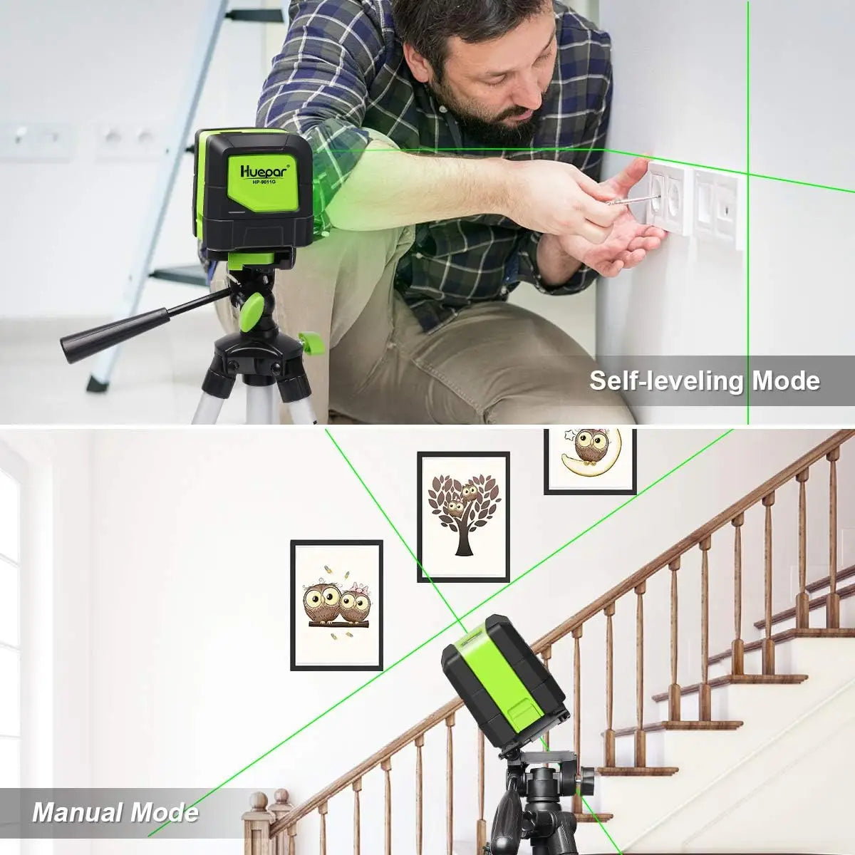 Huepar 9011G 2 Lines Laser Level Self Levelling (4 degrees) Green Beam Laser Horizontal & Vertical Cross-Line with Magnetic Base