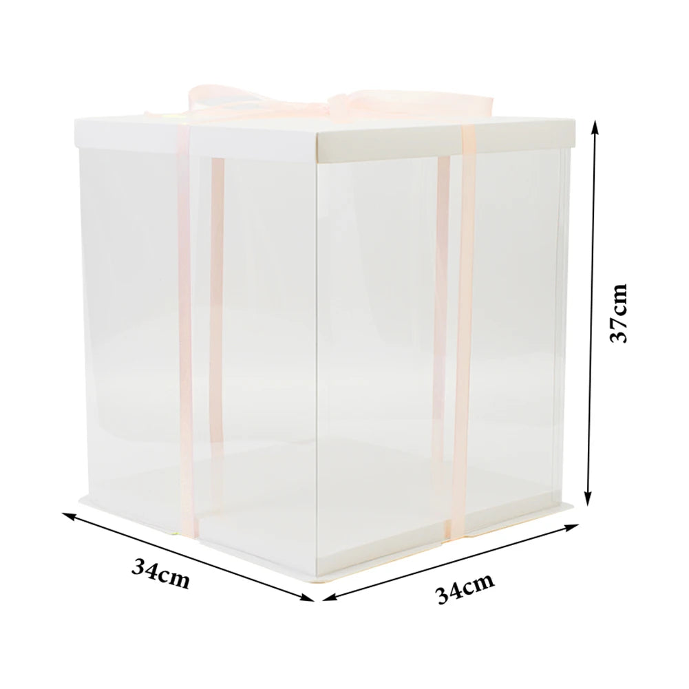 Clear Plastic Cake Gift Box with Ribbon 10 Inch/12Inch, Pink / White