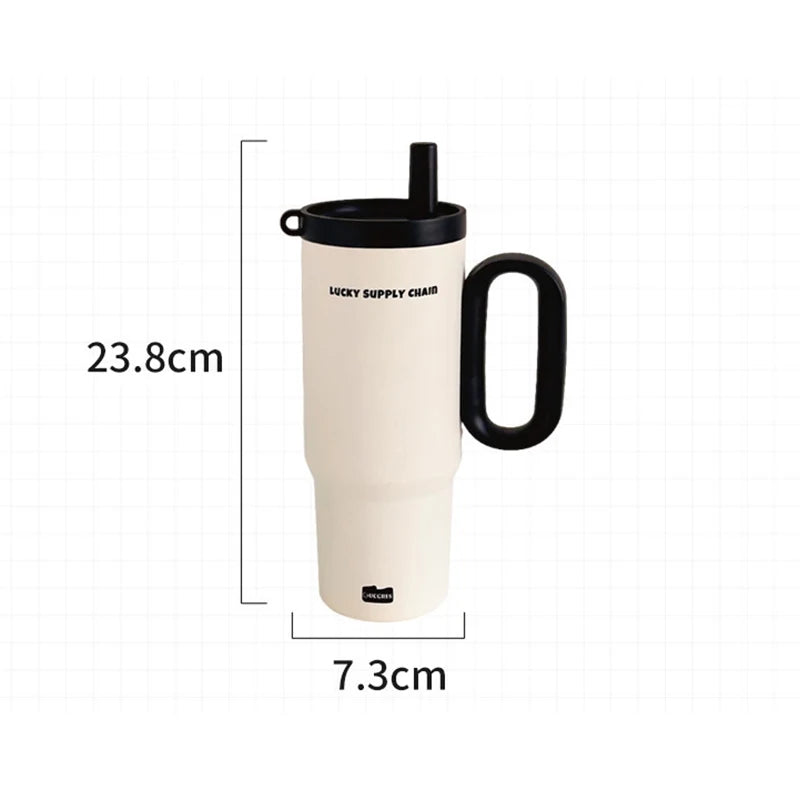 720ML Stainless Steel Thermos Cup with Straw & Handle Ice Coffee Drink Vacuum Insulated Cup Car Travel Outdoor Water Bottle