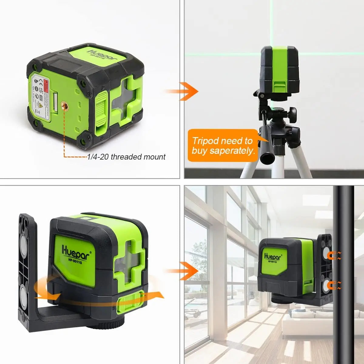 Huepar 9011G 2 Lines Laser Level Self Levelling (4 degrees) Green Beam Laser Horizontal & Vertical Cross-Line with Magnetic Base