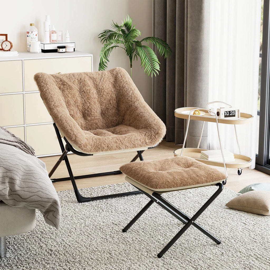 Oversized Folding Saucer Chair with Foot Stool for Adults Soft Faux Leather Metal Frame Lounge Armchair for Bedroom Living Room