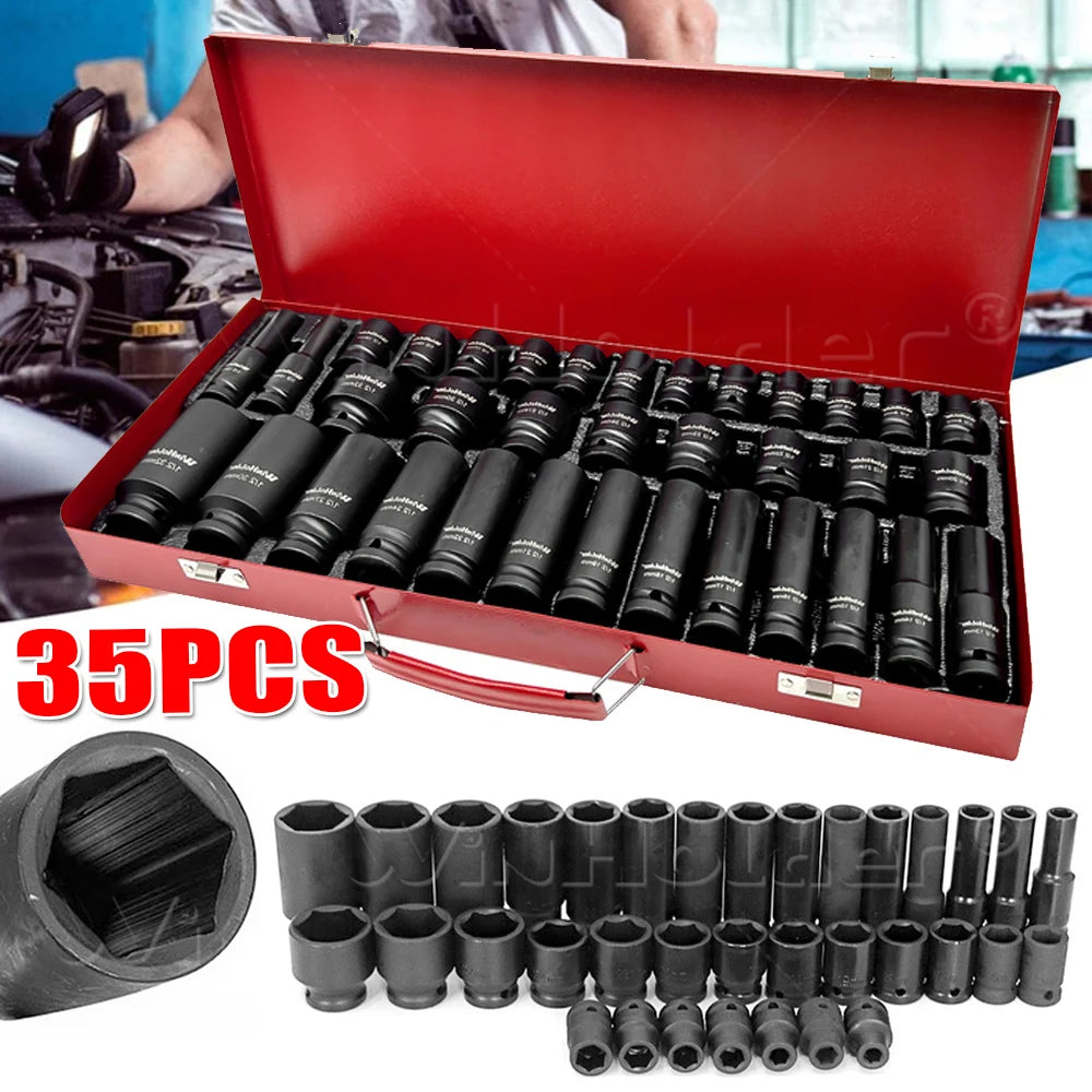 35pcs 1/2" Drive 6 Point 8-32mm Metric Deep Impact Socket Set Car Garage Tools with Case