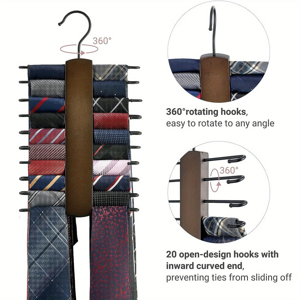 1 Wooden Tie Storage Rack with 360 Degree Rotation, Vintage Tie with Closet To Save Space Rack with 20 Anti Slip Hanging Grooves