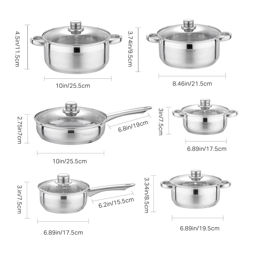 Velaze Kitchen Cookware Set 12 PCS Set Stainless Steel Cooking Pot&Pan Sets, Induction Safe, Saucepan, Casserole,with Glass lid
