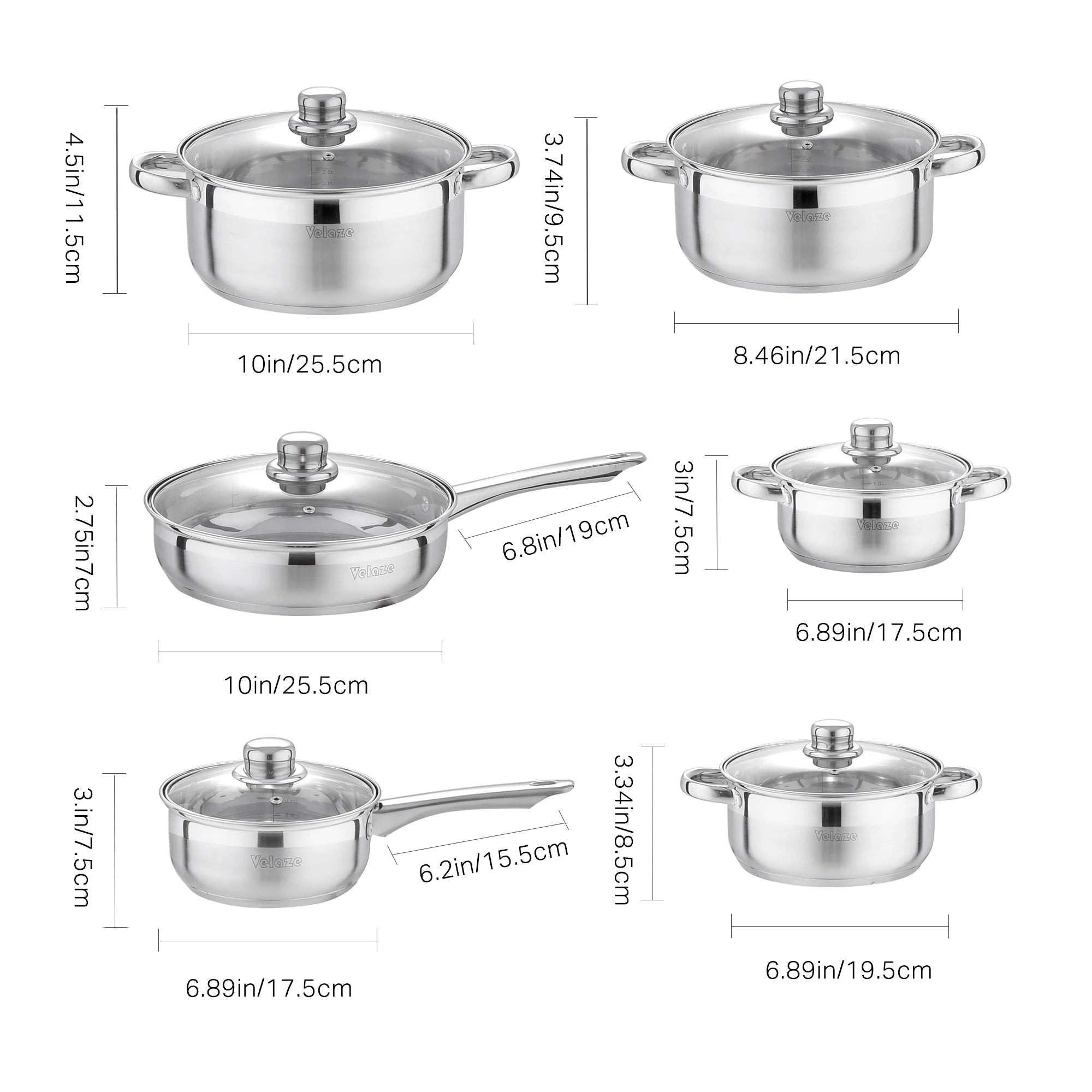 Velaze Kitchen Cookware Set 12 PCS Set Stainless Steel Cooking Pot&Pan Sets, Induction Safe, Saucepan, Casserole,with Glass lid