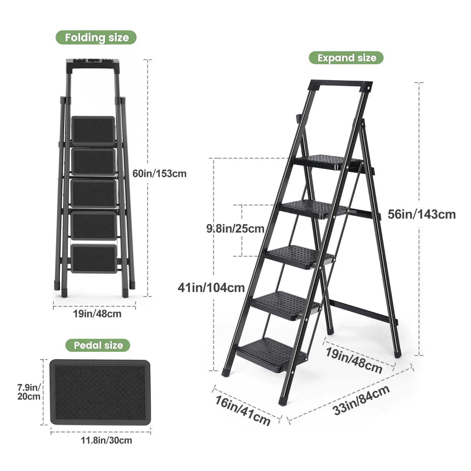 Step Ladder, Folding Step Stool, Heavy-Duty Step Ladder Stool with Handrail Wide Pedal, Anti-Slip Step Ladder with Handgrip