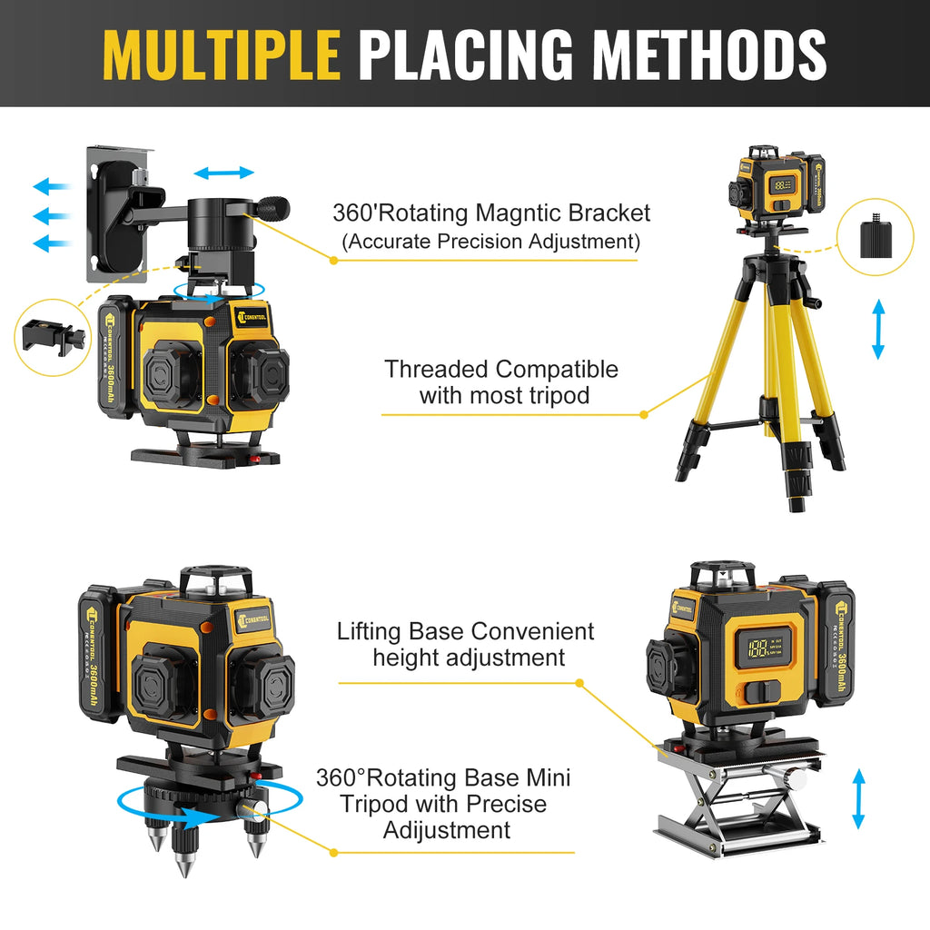 CONENTOOL Laser Level with Tripod, Multifunctional 4D 16 Cross Lines, 360° Rotation Window Self-Leveling, 2 Batteries & Charger