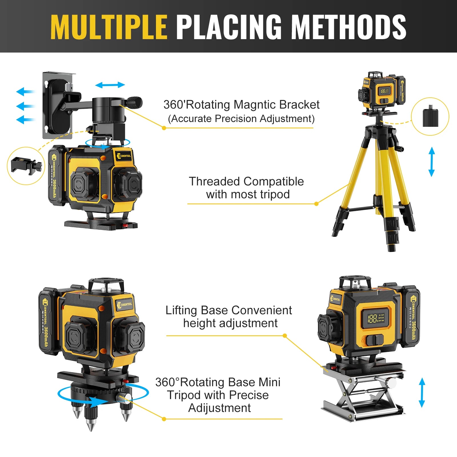 CONENTOOL Laser Level with Tripod, Multifunctional 4D 16 Cross Lines, 360° Rotation Window Self-Leveling, 2 Batteries & Charger