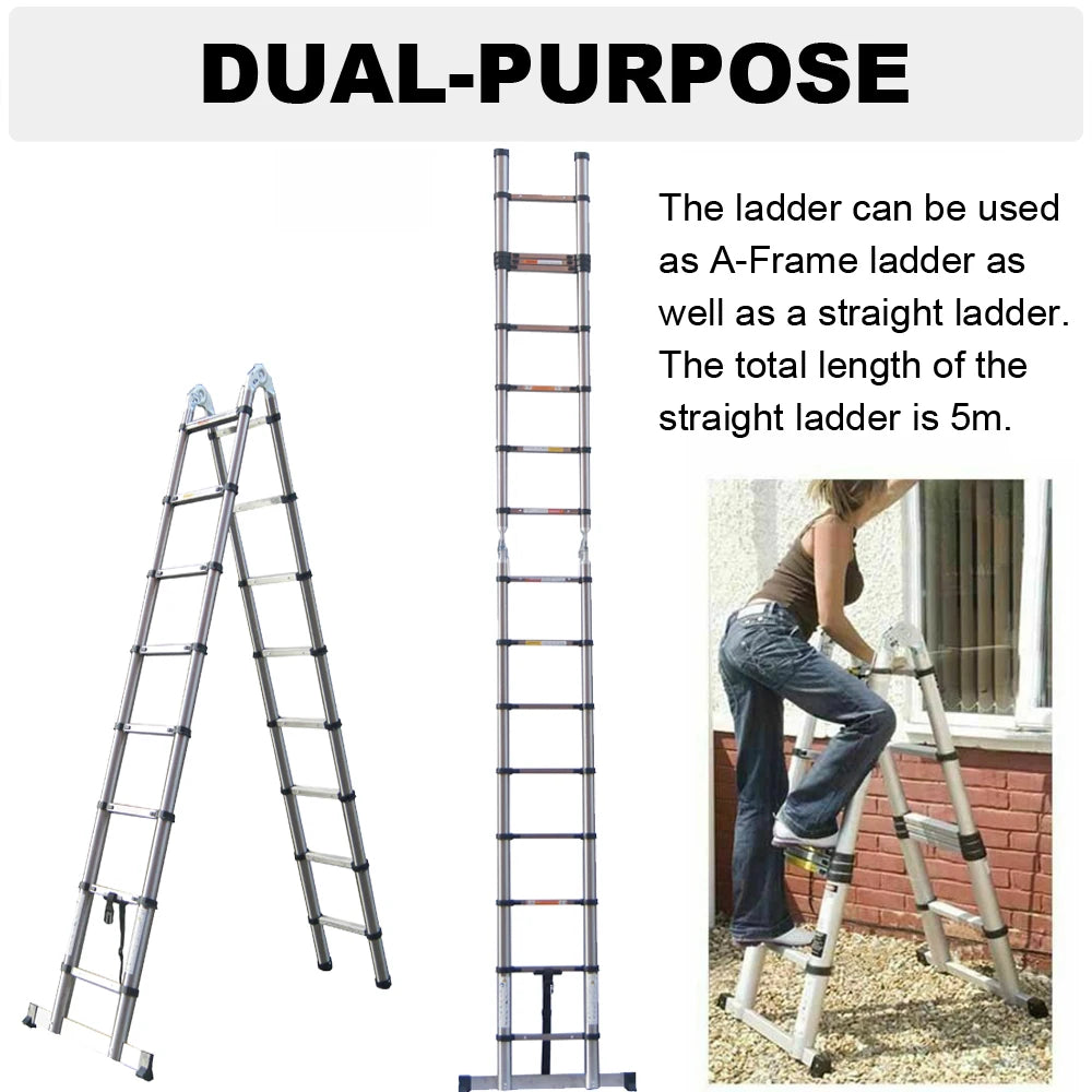3.8m/ 5m Folding Telescopic Ladder A-Frame, Alloy Aluminum/ Stainless Steel, Non-Slip, Stable, 150KG  LoadCapacity, EN131