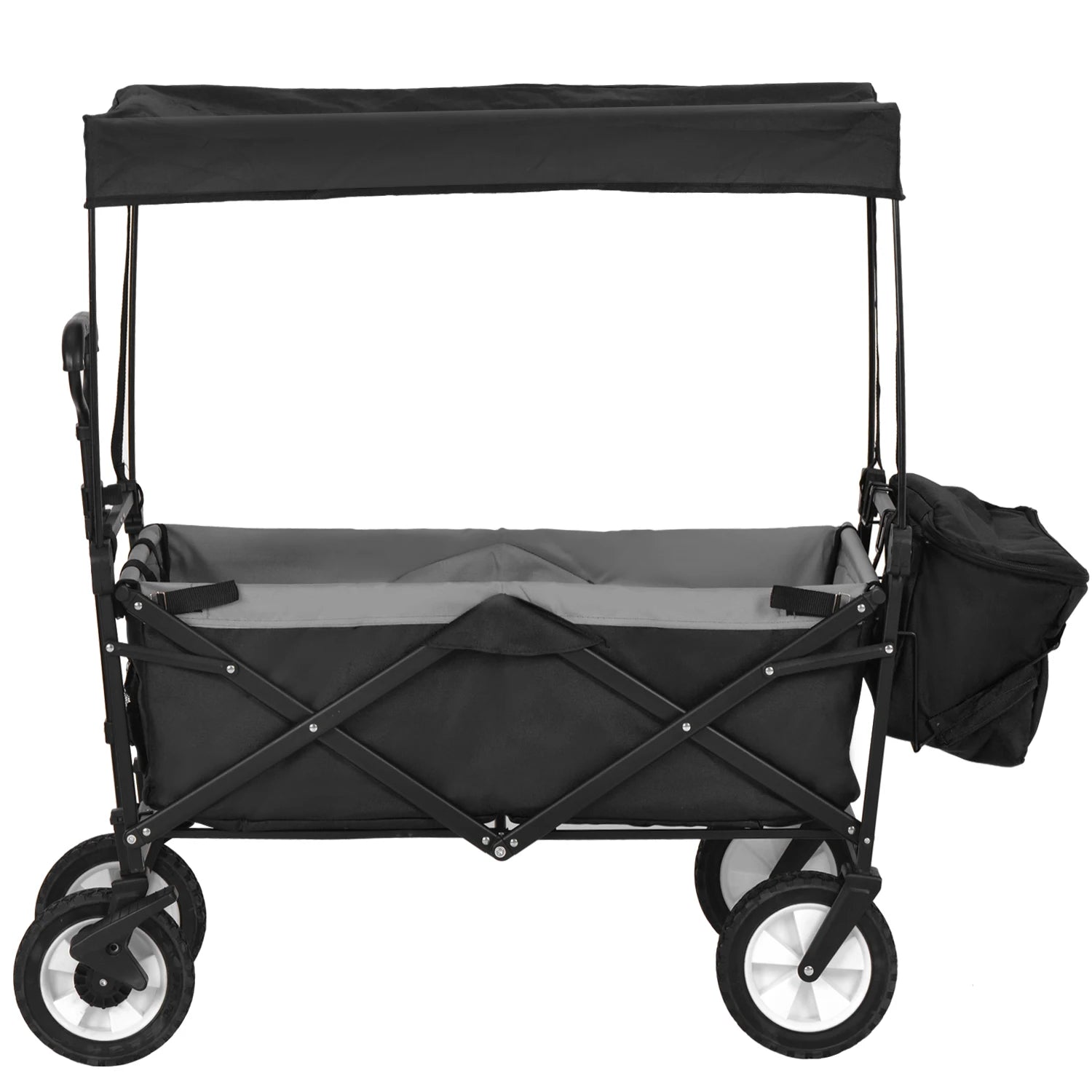 PINGGO Garden Cart with Romovable Canopy Foldable Trolley Wagon 4 Wheels Front Cup Holder Cooler Bag Push Pull Handle Hand Truck