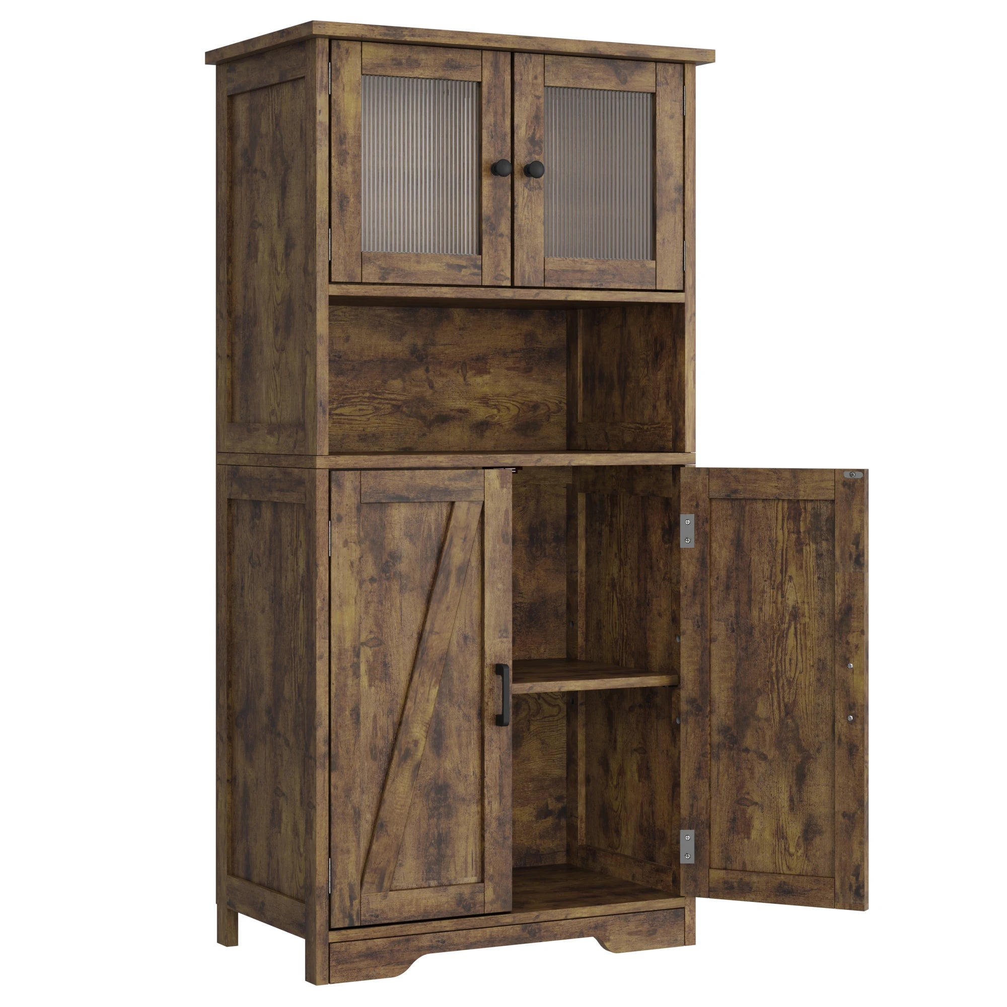 54in Tall Freestanding Kitchen Pantry Cabinet with Glass Doors and Adjustable Shelves Cupboard, Floor Cabinet for Living Room
