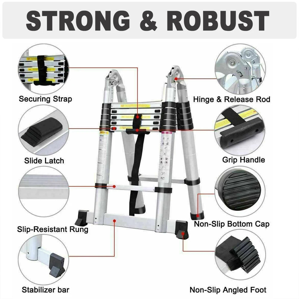 3.8m/ 5m Folding Telescopic Ladder A-Frame, Alloy Aluminum/ Stainless Steel, Non-Slip, Stable, 150KG  LoadCapacity, EN131