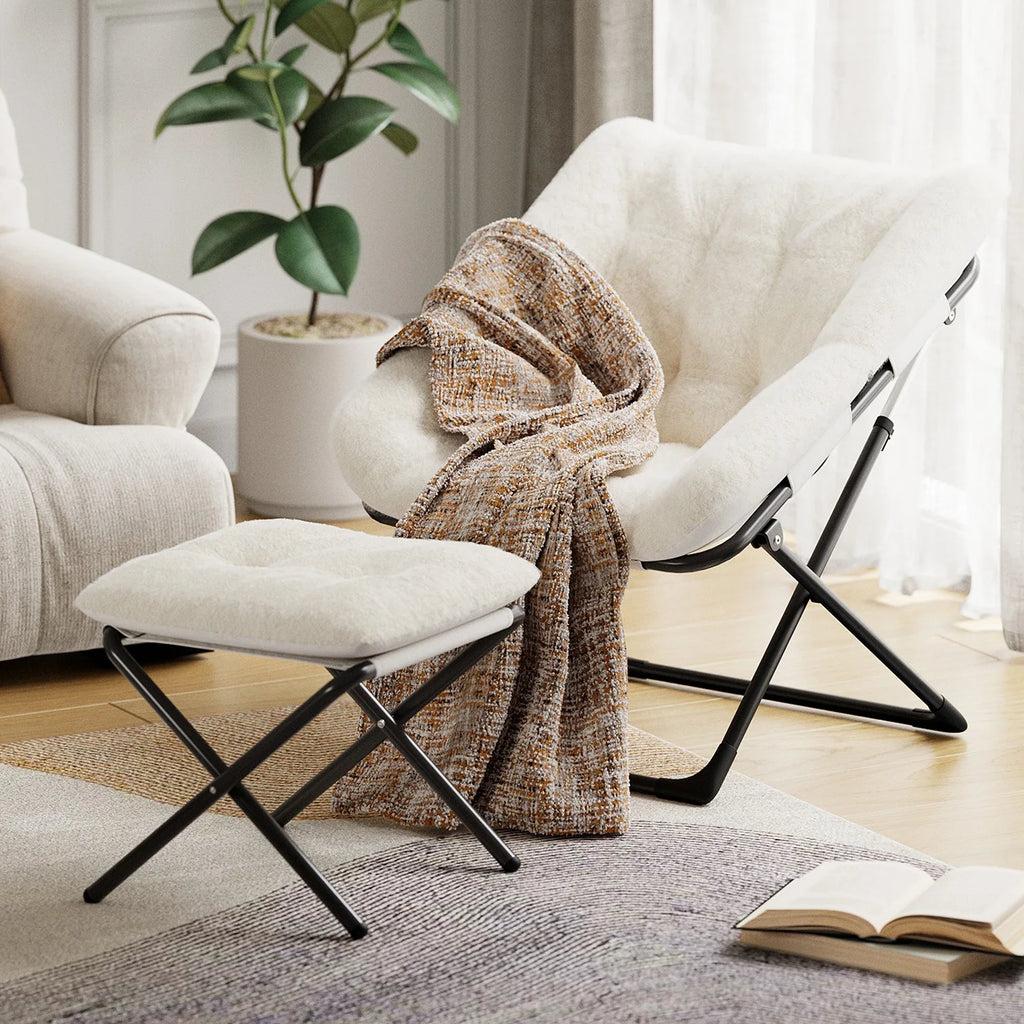 Oversized Folding Saucer Chair with Foot Stool for Adults Soft Faux Leather Metal Frame Lounge Armchair for Bedroom Living Room