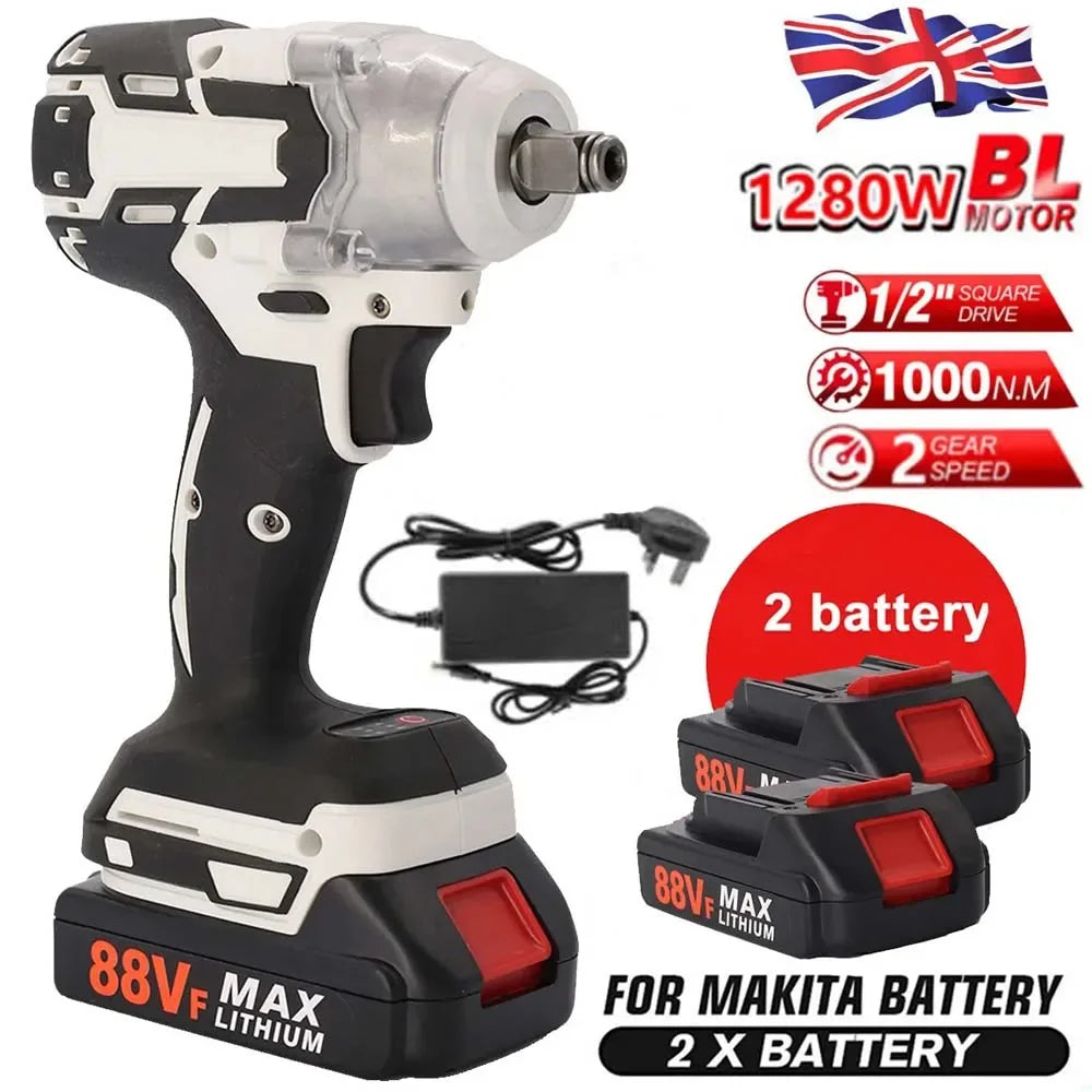 1000Nm 21V Cordless Electric Impact Wrench Drill Gun Ratchet Driver + 2 Battery