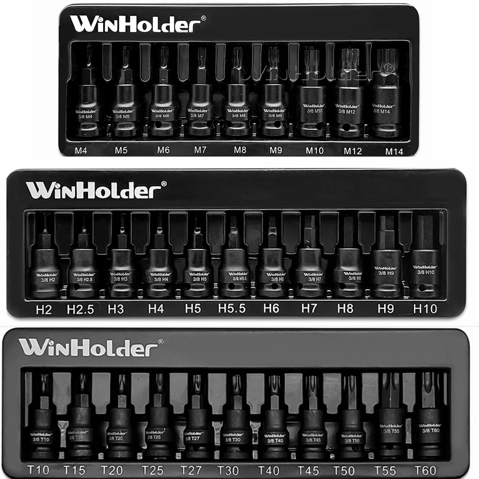 WinHolder 31PCS IMPACT Hex Torx Spline Bit Sockets 3/8"Drive Short Reach Allen Star HEX Chromium-Vanadium 3 Sets