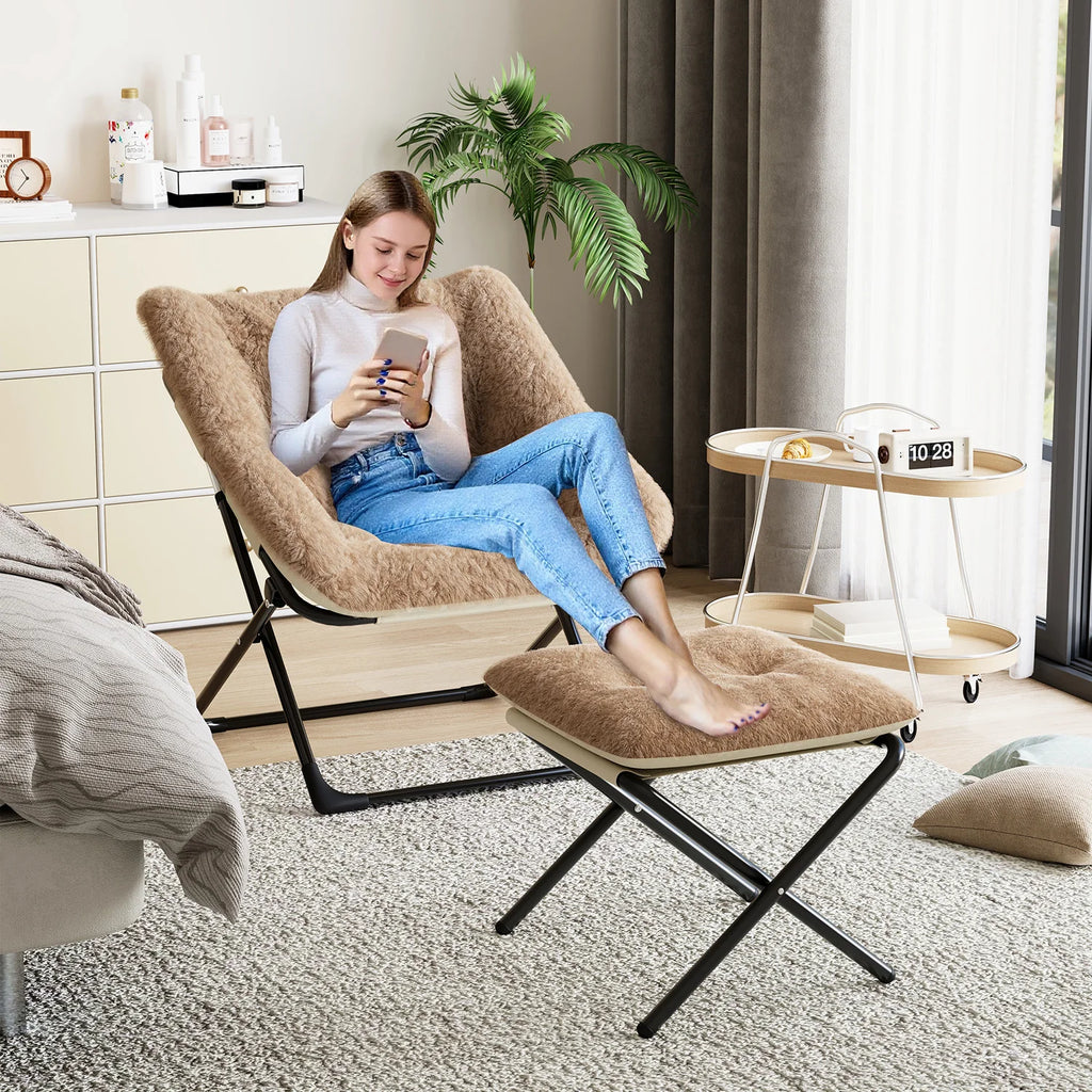 Oversized Folding Saucer Chair with Foot Stool for Adults Soft Faux Leather Metal Frame Lounge Armchair for Bedroom Living Room