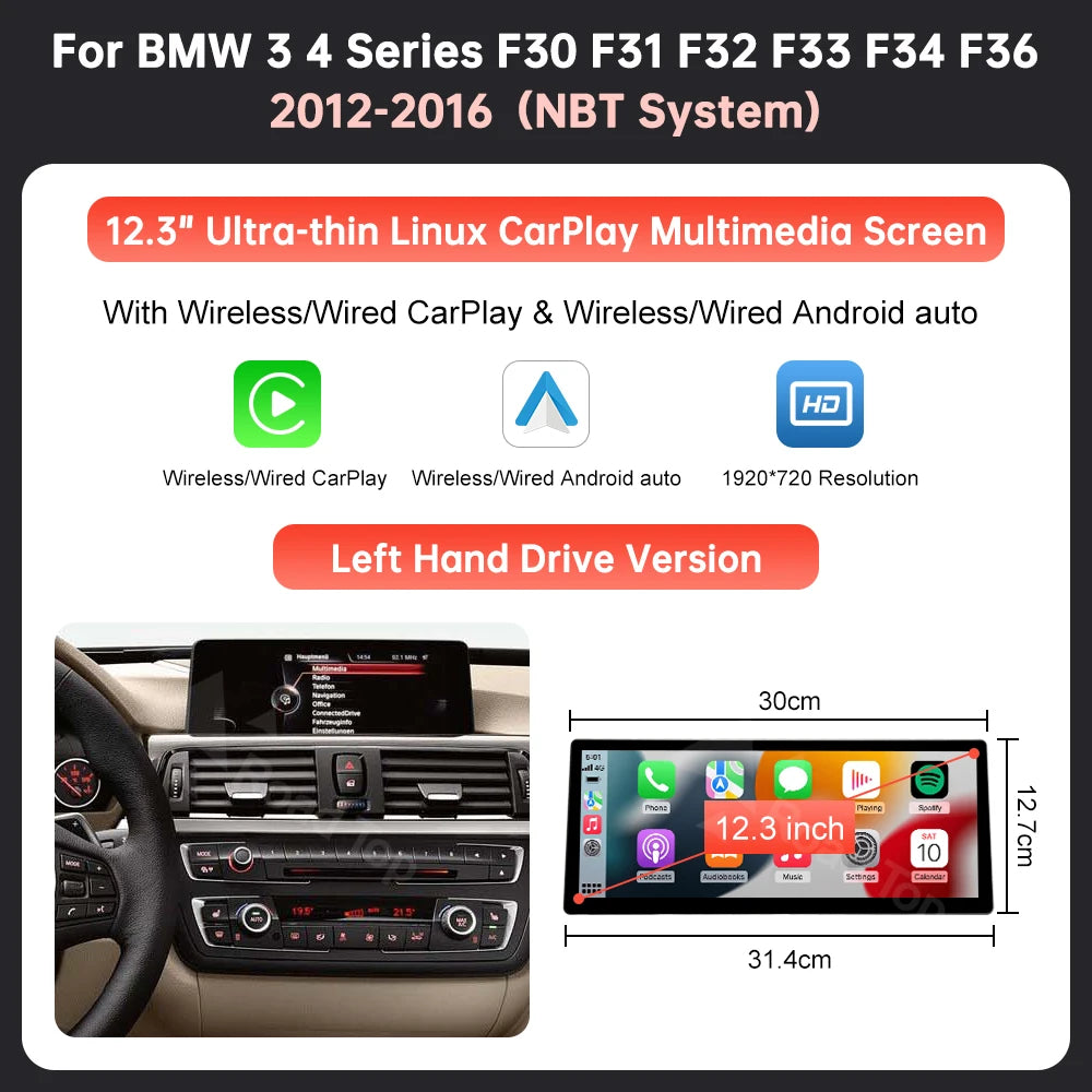 12.3'' Wireless CarPlay Car Multimedia Display Screen For BMW 3 4 Series F30 F31 F32 F33 F34 F36 NBT EVO with Android Auto